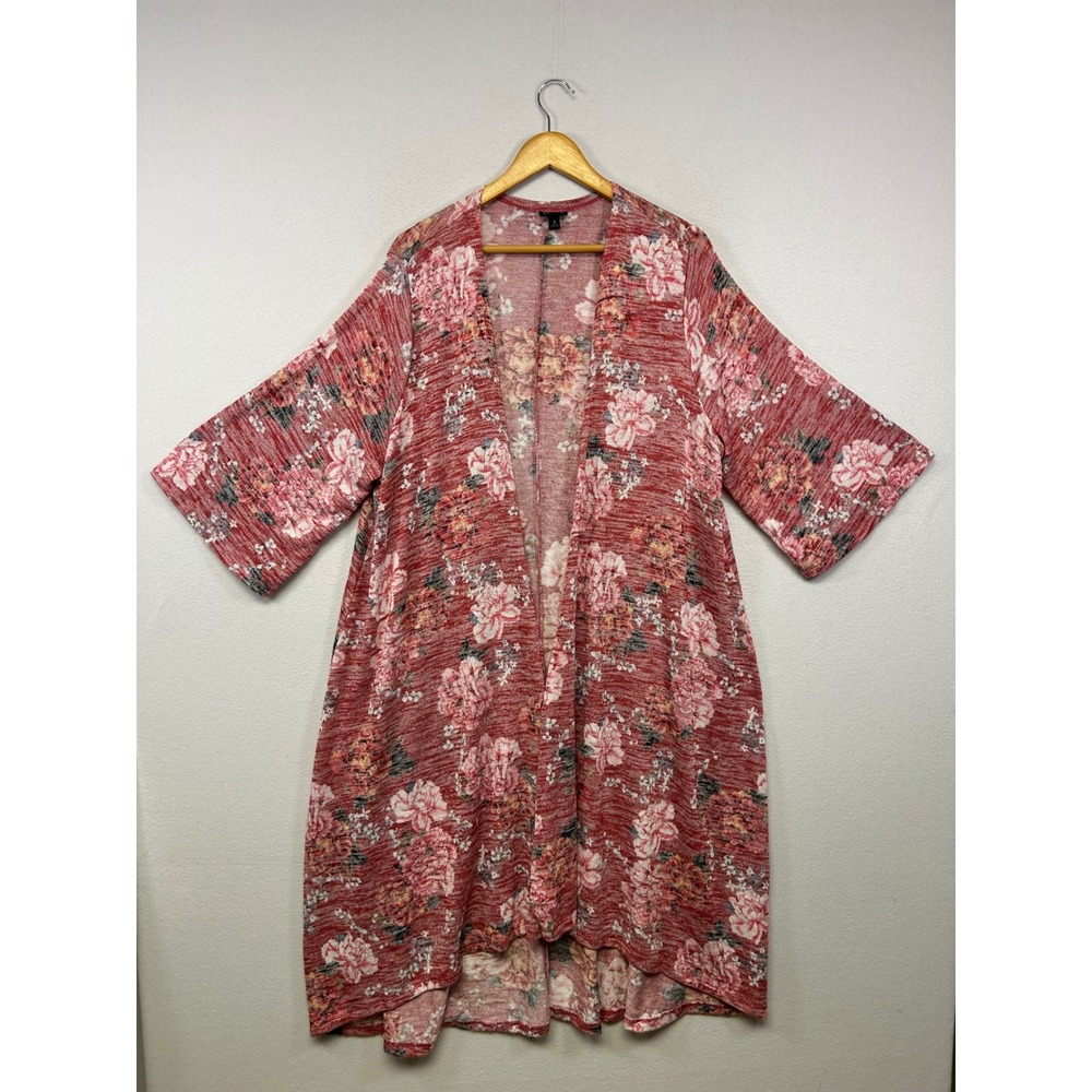 Cottagecore Boho Torrid Womens 3X Red Floral Knit Open Front High-Low Cardigan